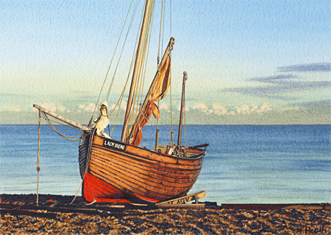 A painting of Lady Irene, a sailing boat on the beach at Walmer, near Deal, Kent at sunset by Margaret Heath.