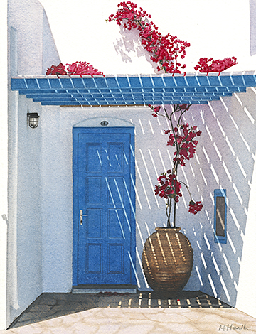 A painting of a potted plant outside a doorway in Platys Gialos, Sifnos, Greece by Margaret Heath.
