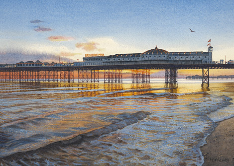 A painting of sunset behind Brighton Pier, Sussex by Margaret Heath.