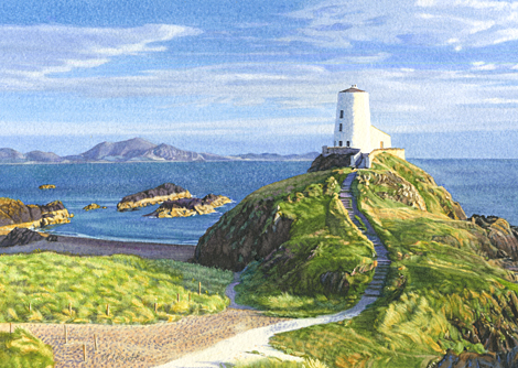 A painting of Llanddwyn lighthouse, Anglesey, Wales in evening light by Margaret Heath.
