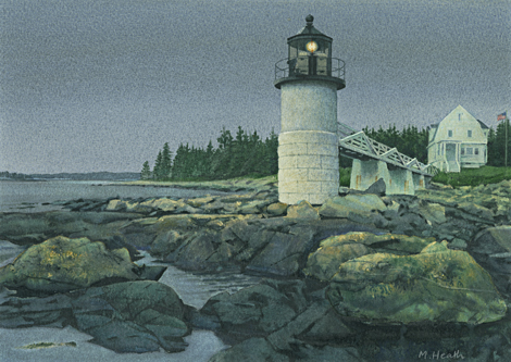 A painting of Marshall Point Light, Port Clyde, Maine, USA at dusk by Margaret Heath.