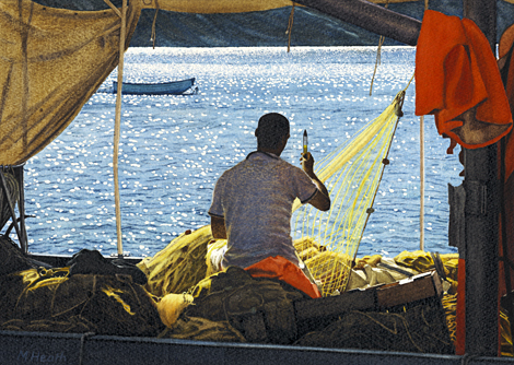 A painting of a young Greek fisherman mending nets on a fishing boat in Faros Harbour, Sifnos by Margaret Heath.