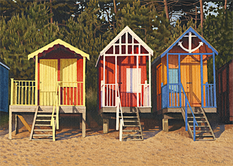 A painting of three beach huts at Wells-Next-the-Sea, Norfolk in the early morning by Margaret Heath.