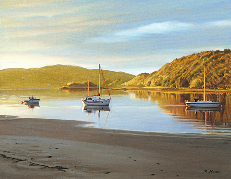 An oil painting of a calm evening at Morar in Scotland by Margaret Heath.