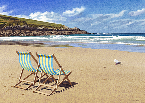 A painting of two deck chairs on Crantock beach, Cornwall in morning sunlight by Margaret Heath.