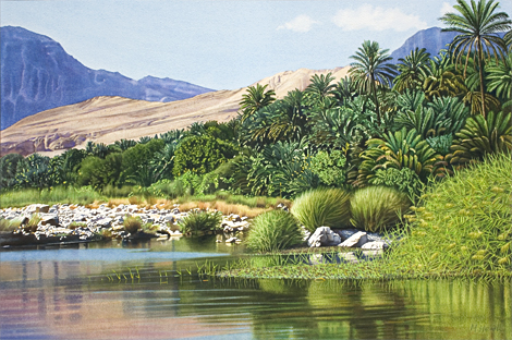 A painting of a mountain landscape and wadi in Oman by Margaret Heath, commissioned by the Sultan of Oman.