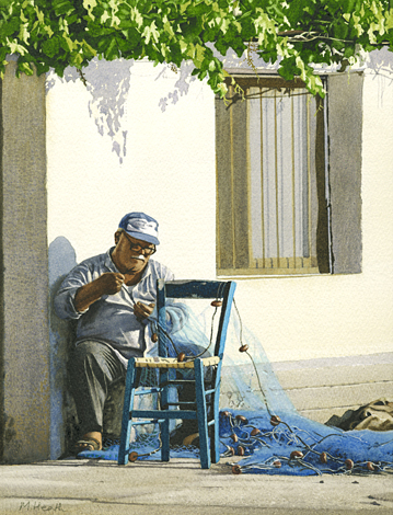 A painting of an old Greek fisherman mending nets at Faros, Sifnos, Greece by Margaret Heath.