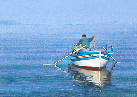 A painting of a Greek fisherman appearing out of the blue in a rowing boat by Margaret Heath.