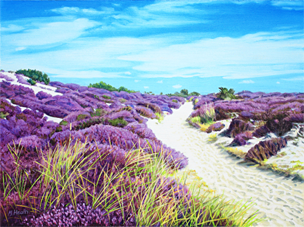 An oil painting of a path through the dunes at Studland, Dorset by Margaret Heath.