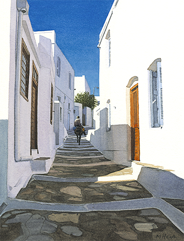 A painting of a man on a donkey on the pathway to Artemonas, Sifnos, Greece by Margaret Heath.