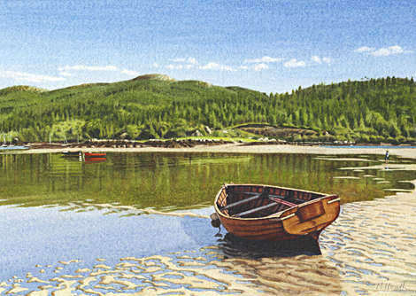 A painting of a rowing boat on the beach at Plockton, West coast of Scotland by Margaret Heath.