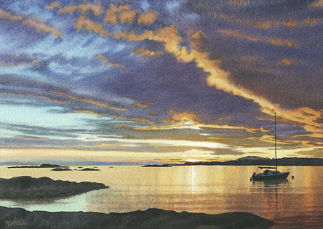 A painting of a sunset at Morar on the West coast of Scotland by Margaret Heath.