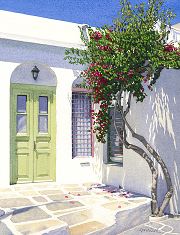 A painting of a flowering tree outside a doorway in Apollonia, Sifnos, Greece by Margaret Heath.