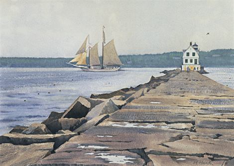 A painting of the 'Heritage' windjammer passing Rockland Breakwater Light, Maine by Margaret Heath.