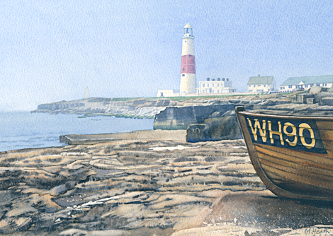 A painting of Portland Bill lighthouse in sea mist by Margaret Heath.