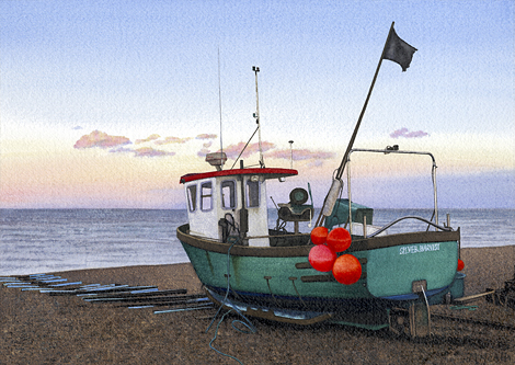 A painting of Silver Harvest, a fishing boat on the beach at Aldeburgh, Suffolk at twilight by Margaret Heath.
