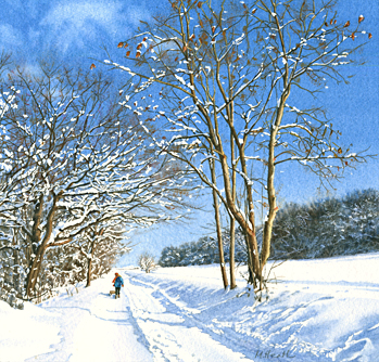 A watercolour painting of Epsom Downs, Surrey after a snowfall by Margaret Heath.