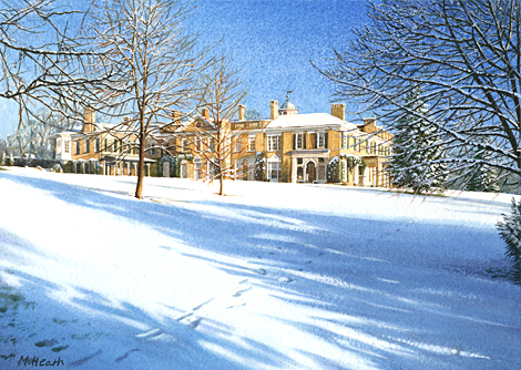 A watercolour painting of Polesden Lacey, Surrey in the snow by Margaret Heath.