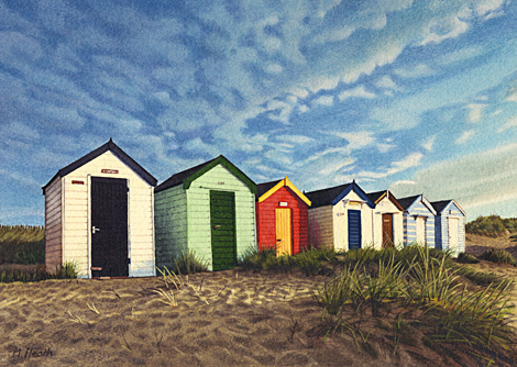 A painting of beach huts on Southwold beach, Suffolk at sunrise by Margaret Heath.