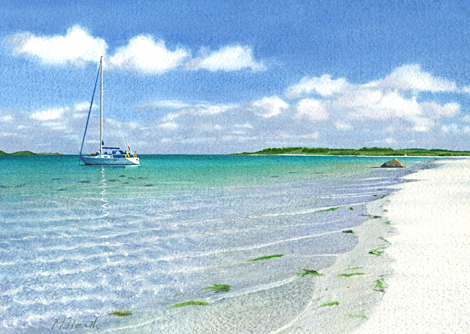 A painting of sparkling shallows on a beach on Tresco, Isles of Scilly by Margaret Heath.