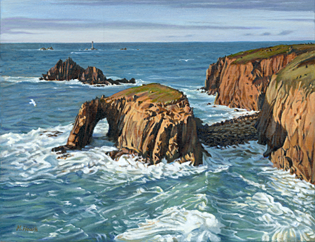 An oil painting of a stormy evening at Land's End, Cornwall by Margaret Heath