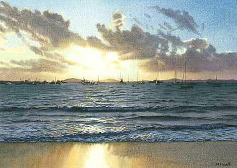 A painting of a stormy sunset over Samson from Porthmellon Beach, St Mary's, Scilly Isles by Margaret Heath.