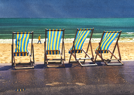 A painting of deck chairs along the seafront at Bournemouth, Dorset after a storm by Margaret Heath.