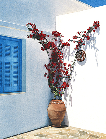 A painting of a potted plant in a courtyard in Apollonia, Sifnos, Greece by Margaret Heath.