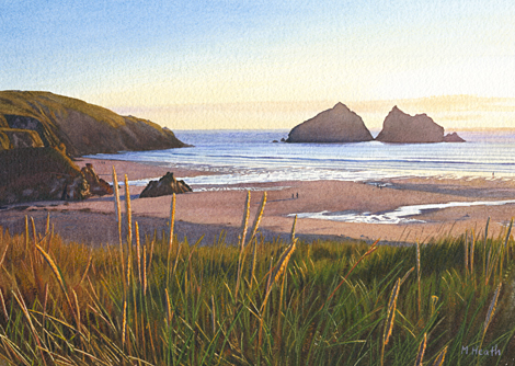 A painting of Holywell Bay, Cornwall on a summer's evening by Margaret Heath.