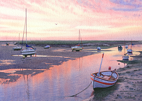 A painting of Wells-next-the-Sea at sunrise by Margaret Heath.