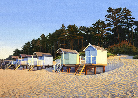 A painting of beach huts at Wells-Next-the-Sea, Norfolk at sunset by Margaret Heath.