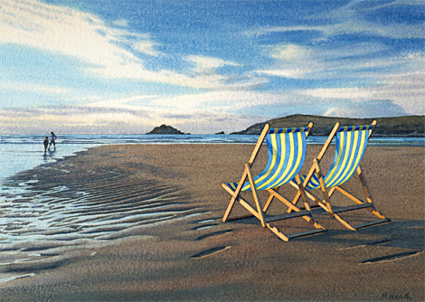 A painting of two deck chairs on Crantock beach, Cornwall at sunset by Margaret Heath.