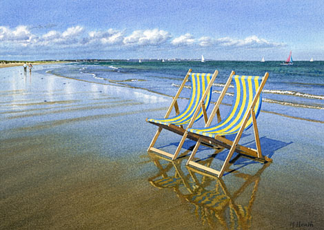 A painting of deck chairs on Studland Beach, Dorset in the evening by Margaret Heath.