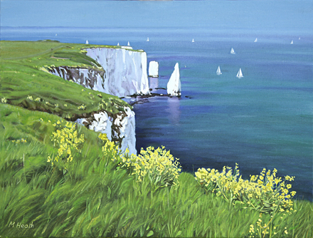 A painting of The Pinnacles cliffs in Dorset by Margaret Heath.