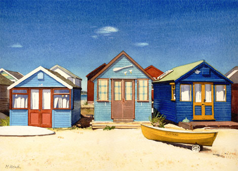 A painting of beach huts at Mudeford sandspit, Dorset by Margaret Heath.