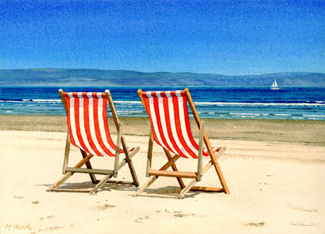 A painting of two deck chairs on the beach at Weymouth, Dorset by Margaret Heath.