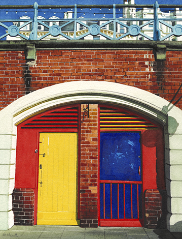 A painting of doorways underneath the Arches, Brighton by Margaret Heath.