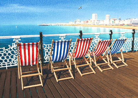 A painting of deck chairs on Brighton Pier, Sussex by Margaret Heath.