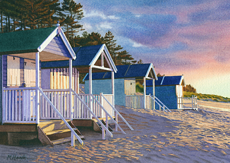 A painting of beach huts in evening sunlight at Wells-Next-The-Sea, Norfolk by Margaret Heath.