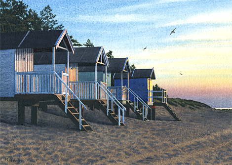 A painting of beach huts at dusk at Wells-next-the-Sea, Norfolk by Margaret Heath.