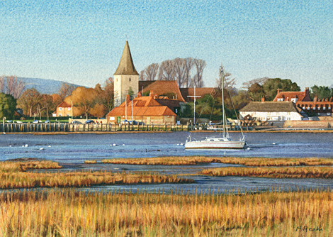 A painting of Bosham, West Sussex on a winter afternoon by Margaret Heath.