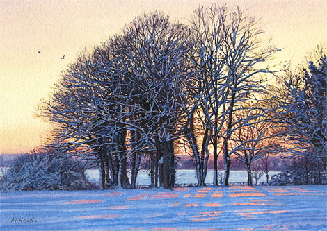 A painting of trees on snow covered Epsom Downs, Surrey at sunset by Margaret Heath.