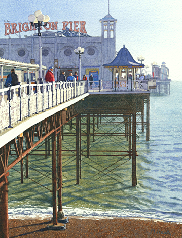 A painting of Brighton Pier, Sussex in winter afternoon sunlight by Margaret Heath.