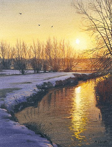 A watercolour painting of a river in Kent in winter at sunset by Margaret Heath.