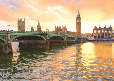 A painting of Westminster Bridge and the Houses of Parliament, London at sunset by Margaret Heath.