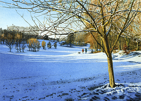 A watercolour painting of snowfall at Tyrrells Wood Golf Course, Surrey by Margaret Heath.