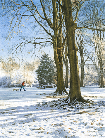 A watercolour painting of winter woodland, Box Hill, Surrey by Margaret Heath.