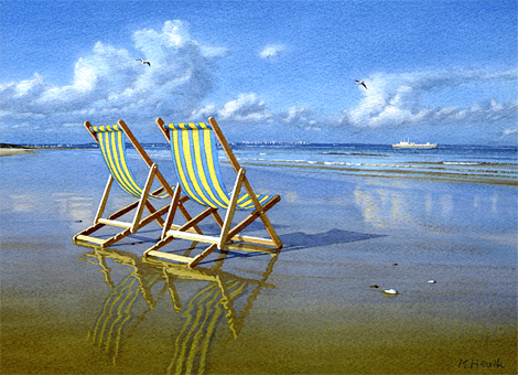 A painting of deck chairs on Studland Beach, Dorset in late afternoon by Margaret Heath.