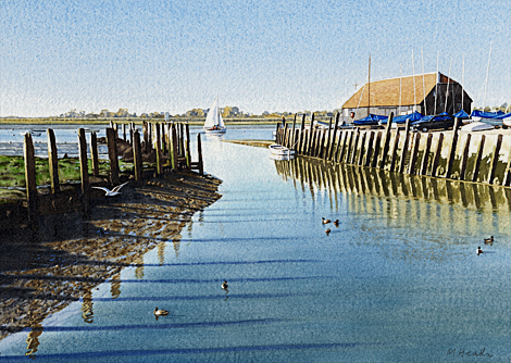 A painting of Bosham boathouse in autumn sunshine by Margaret Heath.