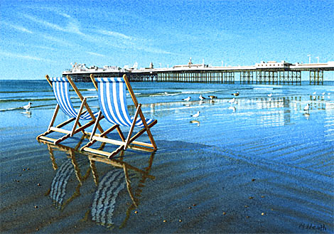 A painting of deck chairs, seagulls and pier in the early morning, Brighton, Sussex by Margaret Heath.